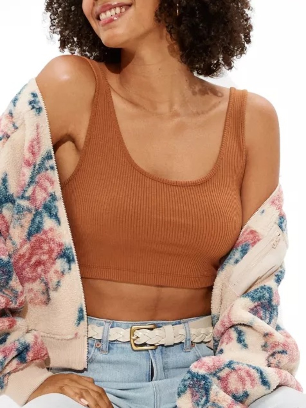NWT American Eagle Sz Small Brown Ribbed Wide Strap Cami Cropped Tank Top